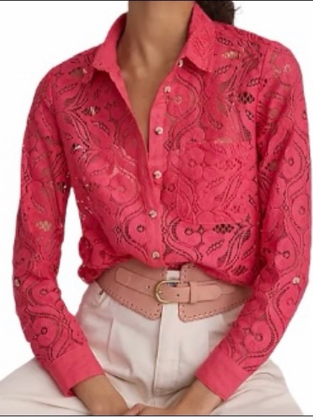 Maeve Pink Coral Lace Button-Down Blouse